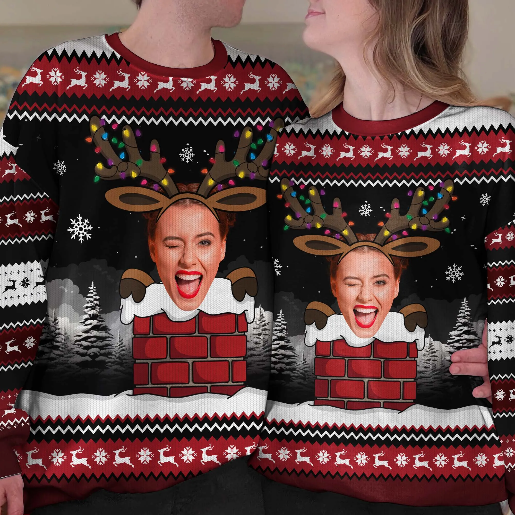 Christmas Reindeer Face Photo - Personalized Photo Ugly Sweater