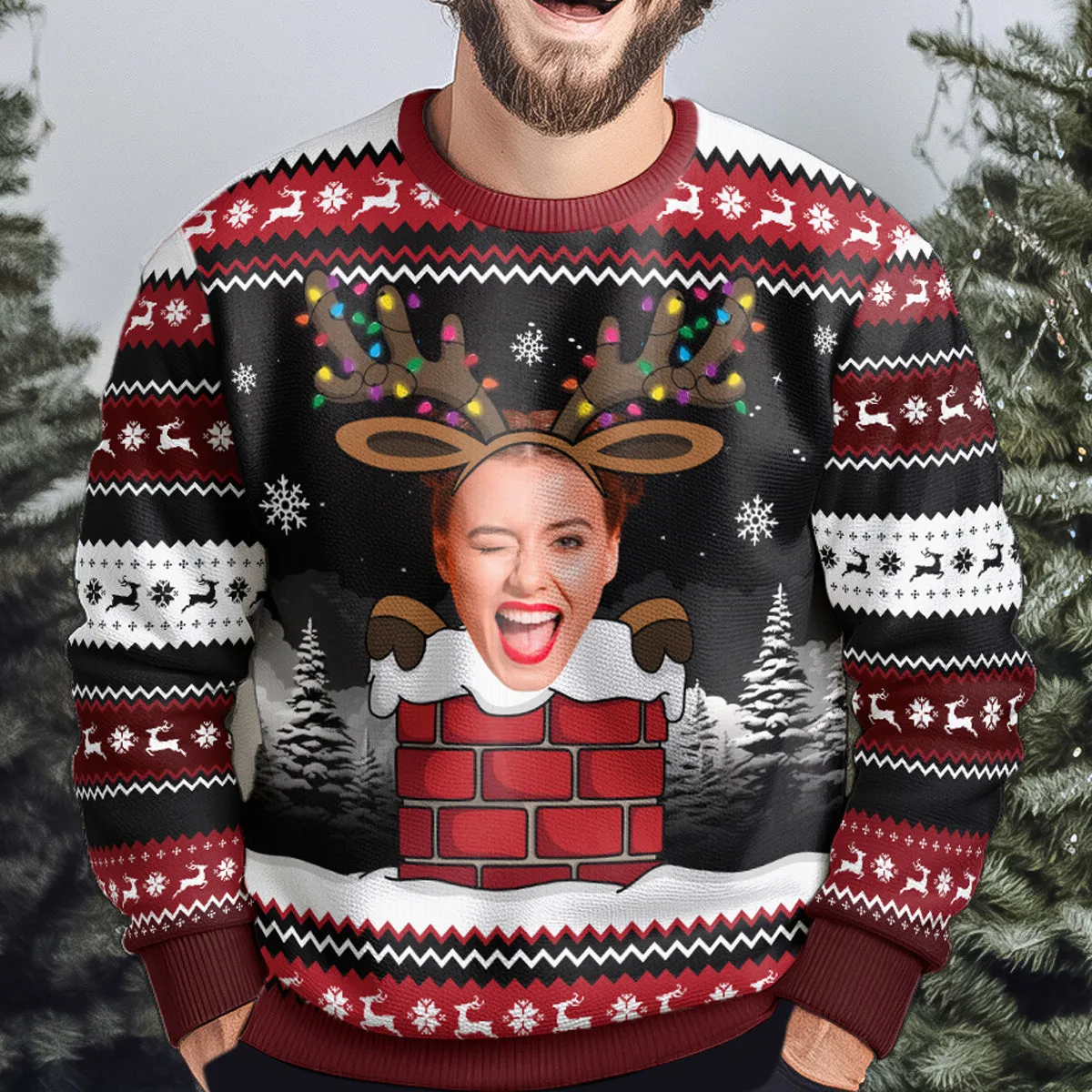Christmas Reindeer Face Photo - Personalized Photo Ugly Sweater
