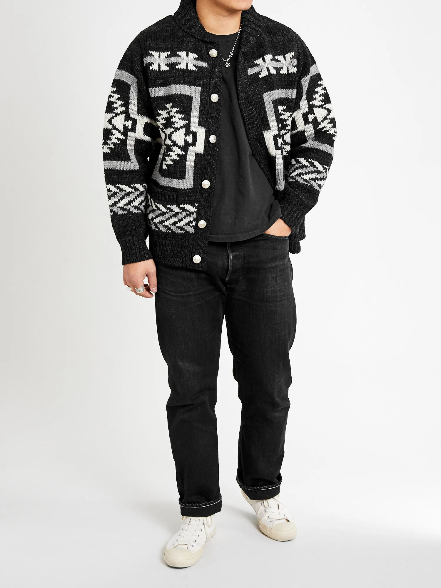 Cowichan Knit Cardigan Sweater in Black