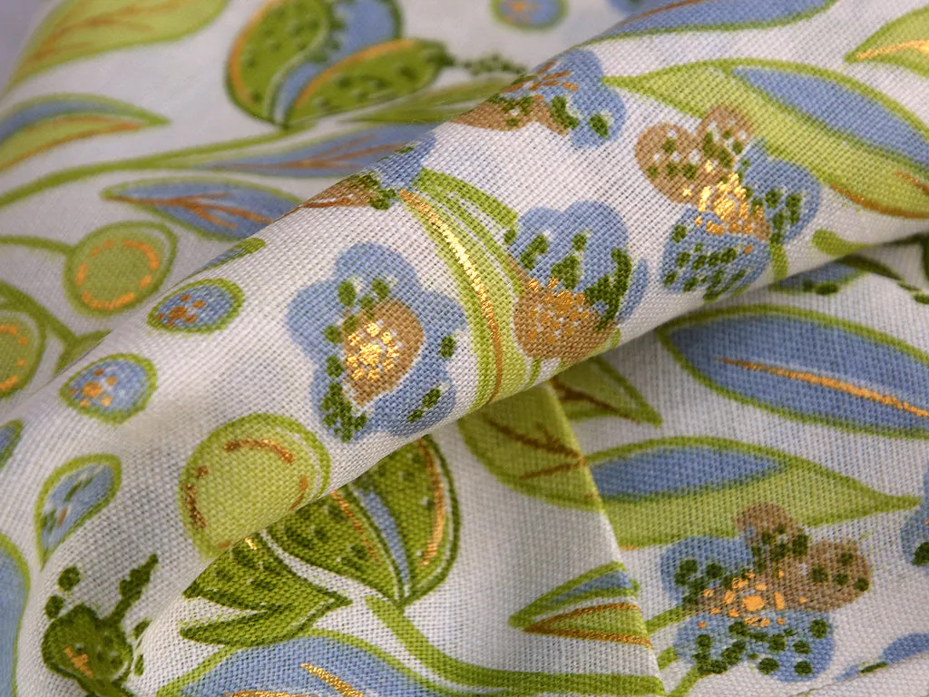 Leaf Green Floral Foil Digital Printed Slub Cotton Fabric