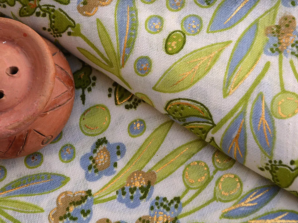 Leaf Green Floral Foil Digital Printed Slub Cotton Fabric