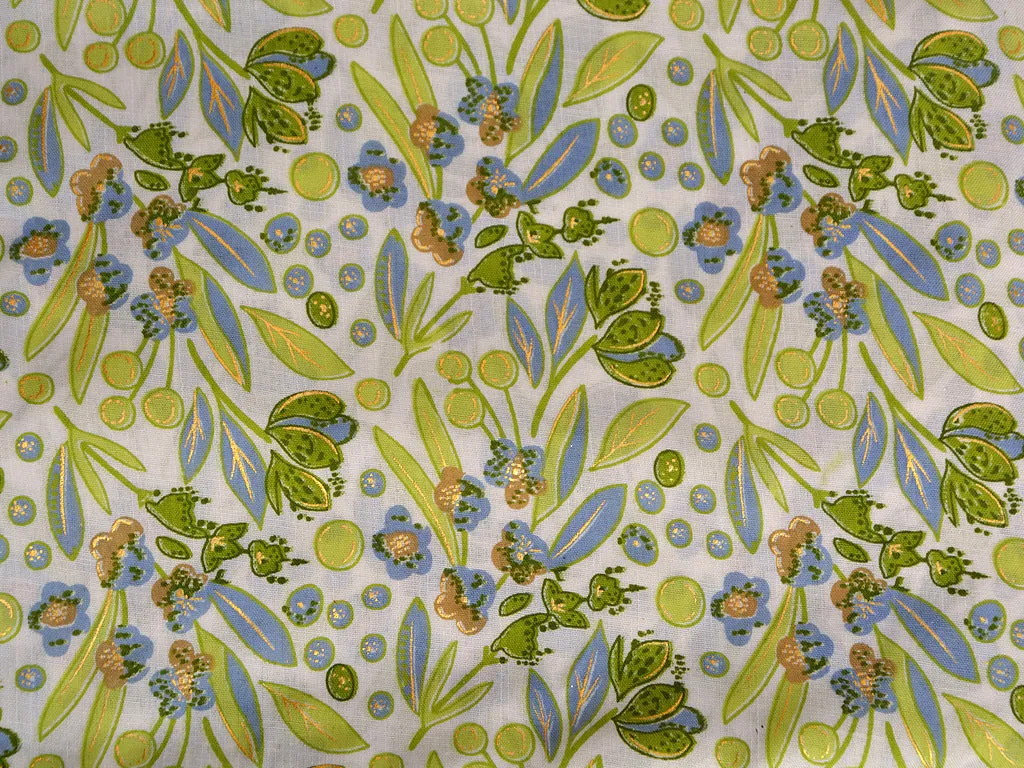 Leaf Green Floral Foil Digital Printed Slub Cotton Fabric
