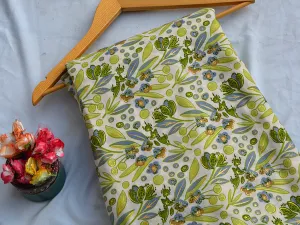 Leaf Green Floral Foil Digital Printed Slub Cotton Fabric