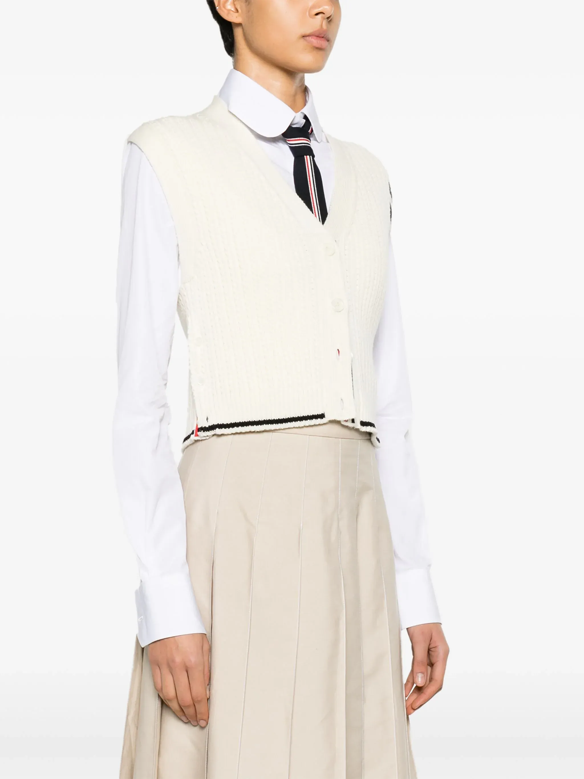 Merino Wool 4-Bar Cropped Cable Cardigan Vest