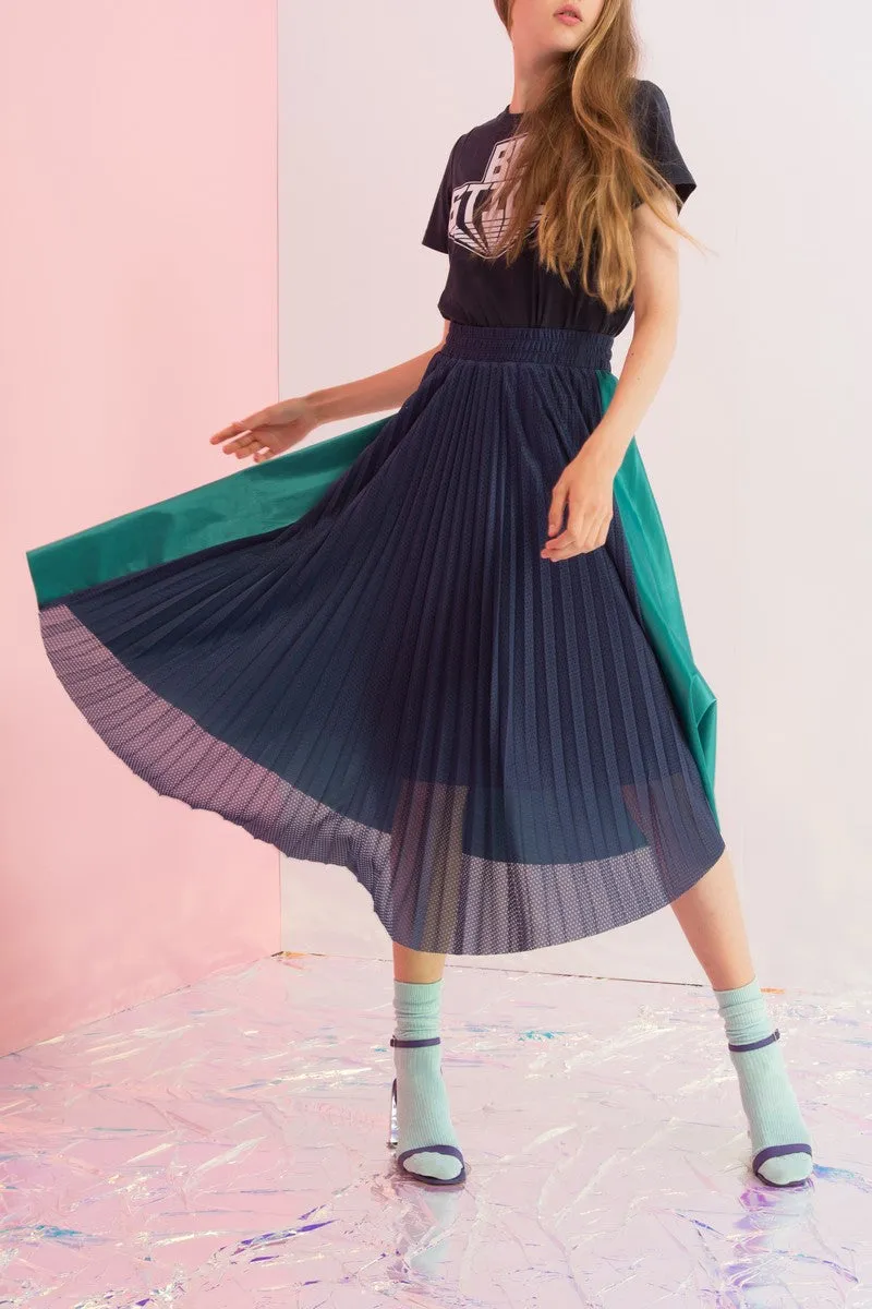 Pleated Mesh Paneled Maxi Skirt