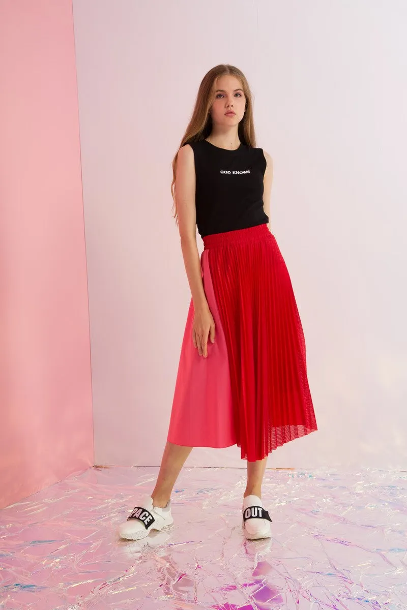 Pleated Mesh Paneled Maxi Skirt
