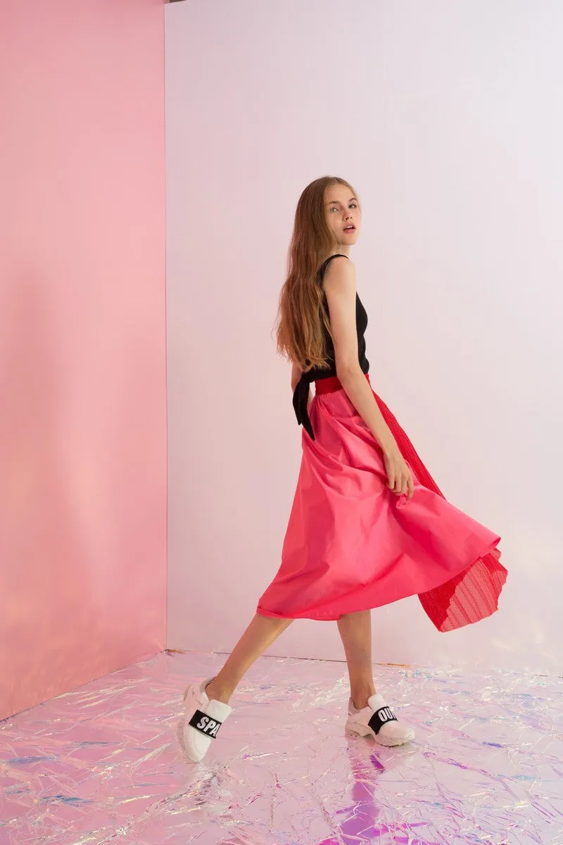 Pleated Mesh Paneled Maxi Skirt