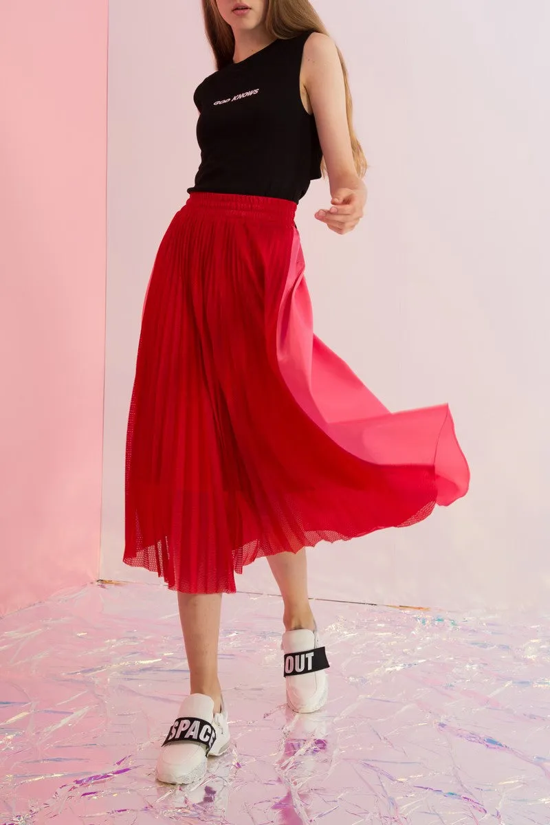 Pleated Mesh Paneled Maxi Skirt