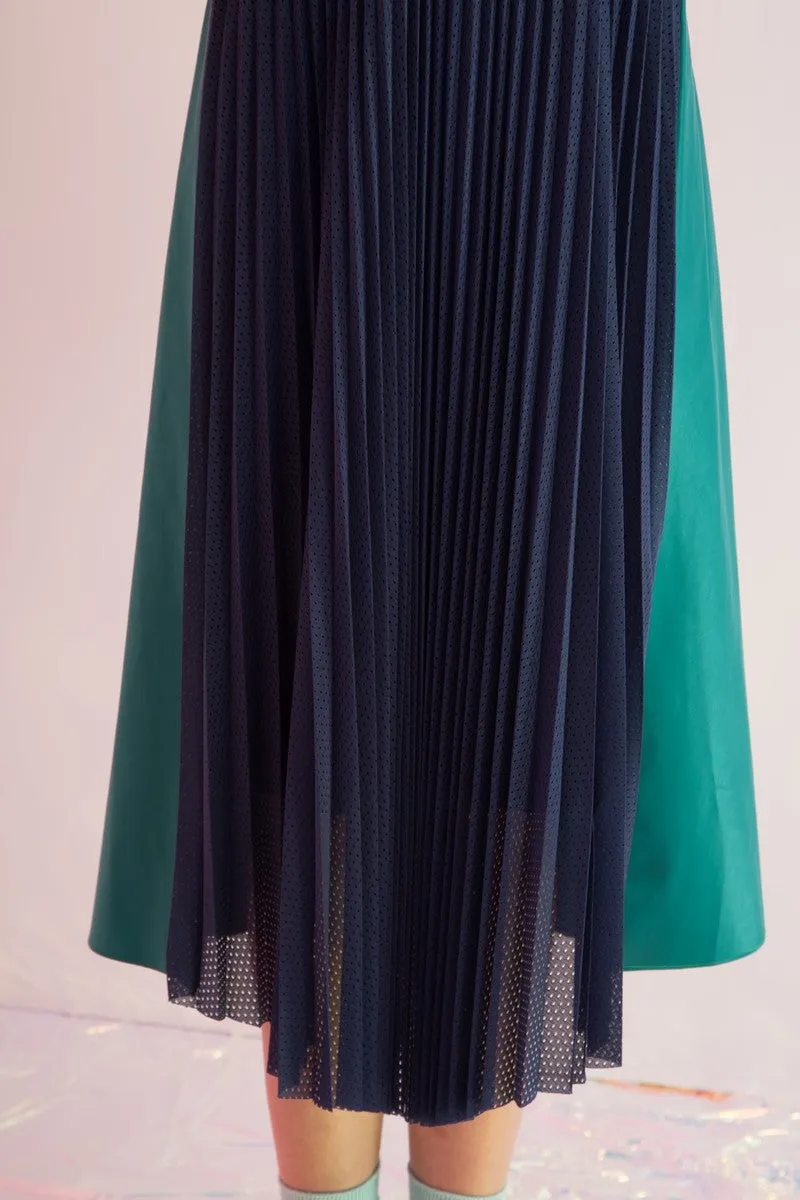 Pleated Mesh Paneled Maxi Skirt