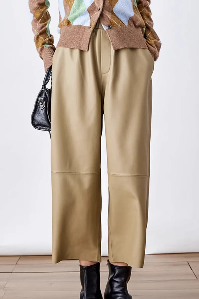 Pull-On Cropped Harem Wide Leg Lambskin Leather Pants