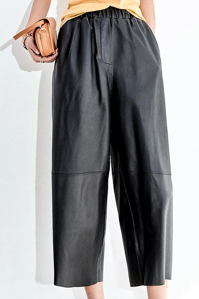 Pull-On Cropped Harem Wide Leg Lambskin Leather Pants
