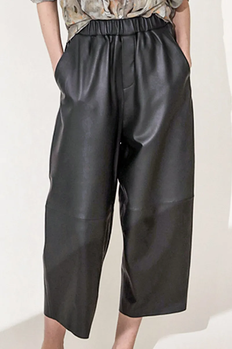 Pull-On Cropped Harem Wide Leg Lambskin Leather Pants
