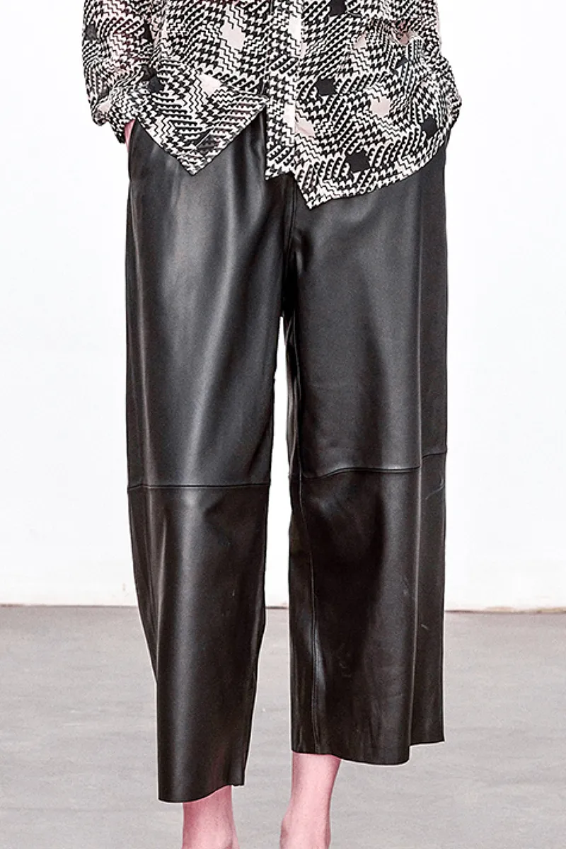Pull-On Cropped Harem Wide Leg Lambskin Leather Pants