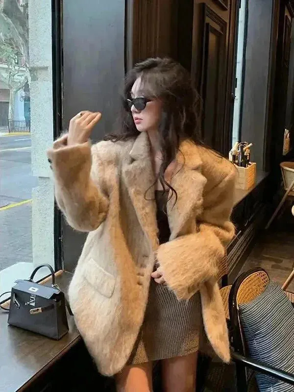 Wenkouban-Winter outfits Christmas Notch Collar Thick Fuzzy Pink Suit Blazer