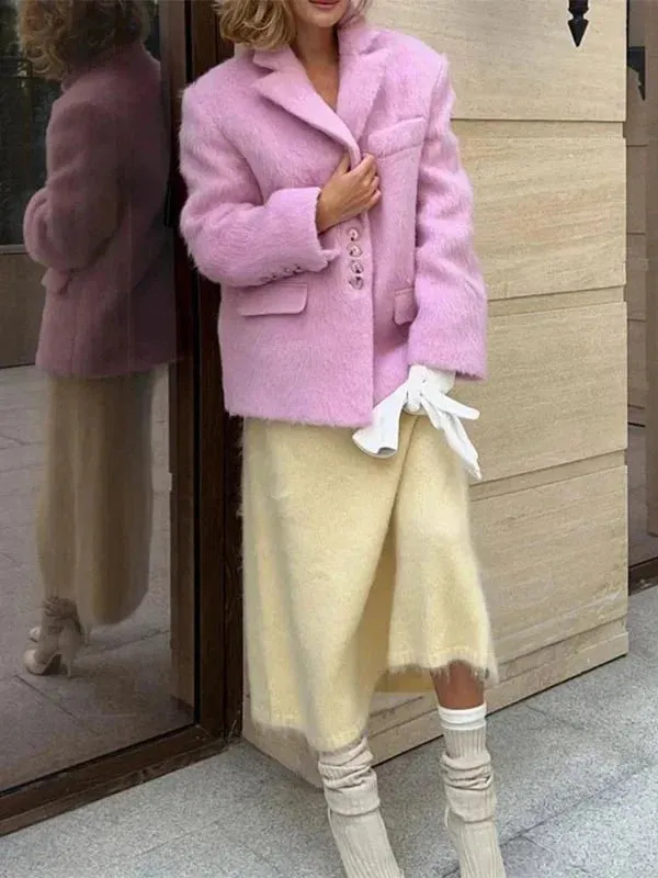 Wenkouban-Winter outfits Christmas Notch Collar Thick Fuzzy Pink Suit Blazer