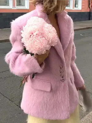 Wenkouban-Winter outfits Christmas Notch Collar Thick Fuzzy Pink Suit Blazer