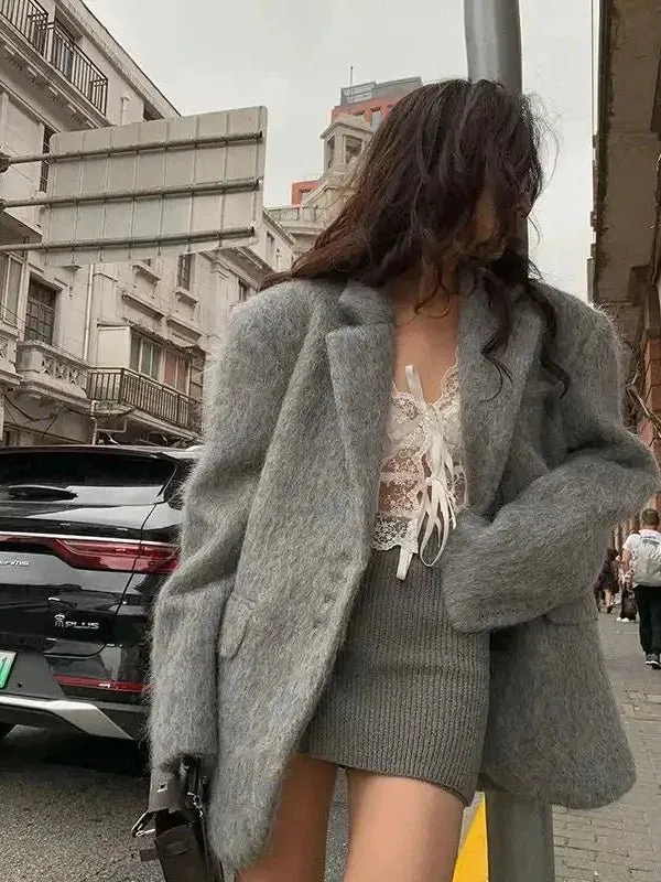 Wenkouban-Winter outfits Christmas Notch Collar Thick Fuzzy Pink Suit Blazer