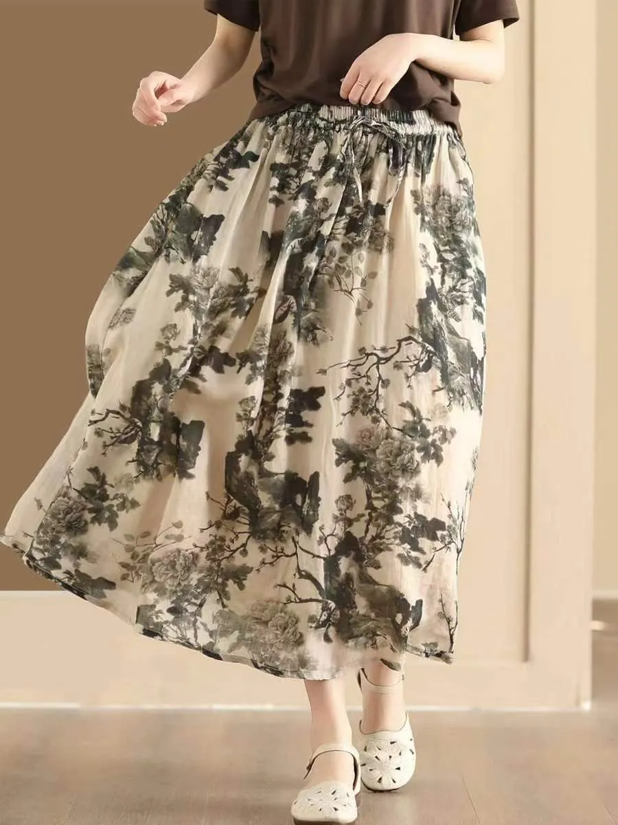 Women Vintage Summer Flower Ramie Loose Skirt QW1006