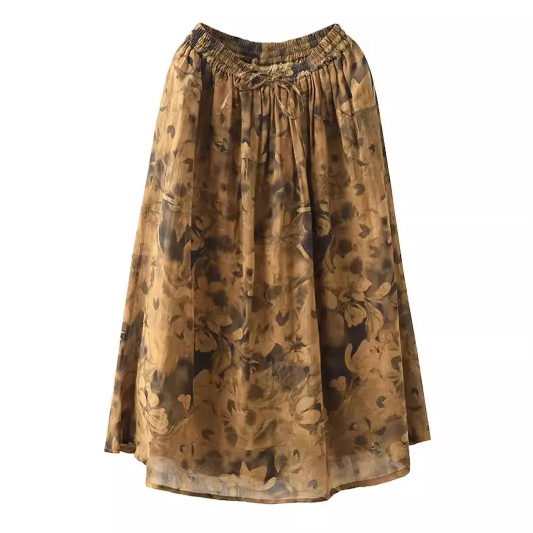 Women Vintage Summer Flower Ramie Loose Skirt QW1006