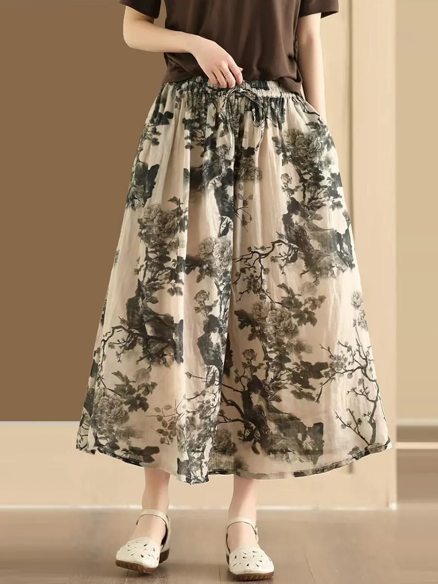 Women Vintage Summer Flower Ramie Loose Skirt QW1006