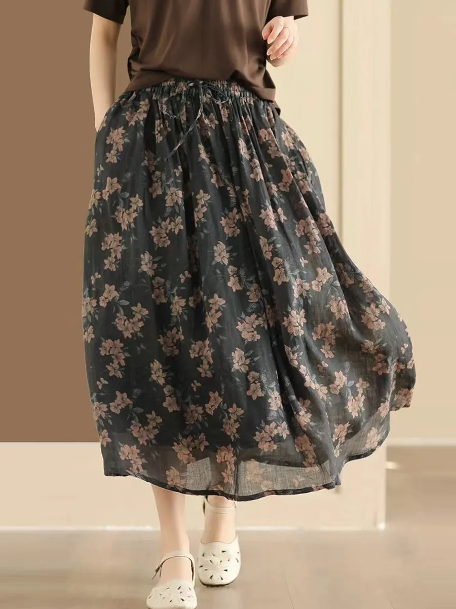 Women Vintage Summer Flower Ramie Loose Skirt QW1006