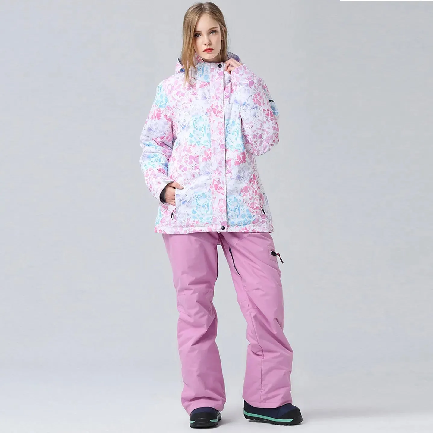 Women's Pink Diamond Side Zipper Ski Suits